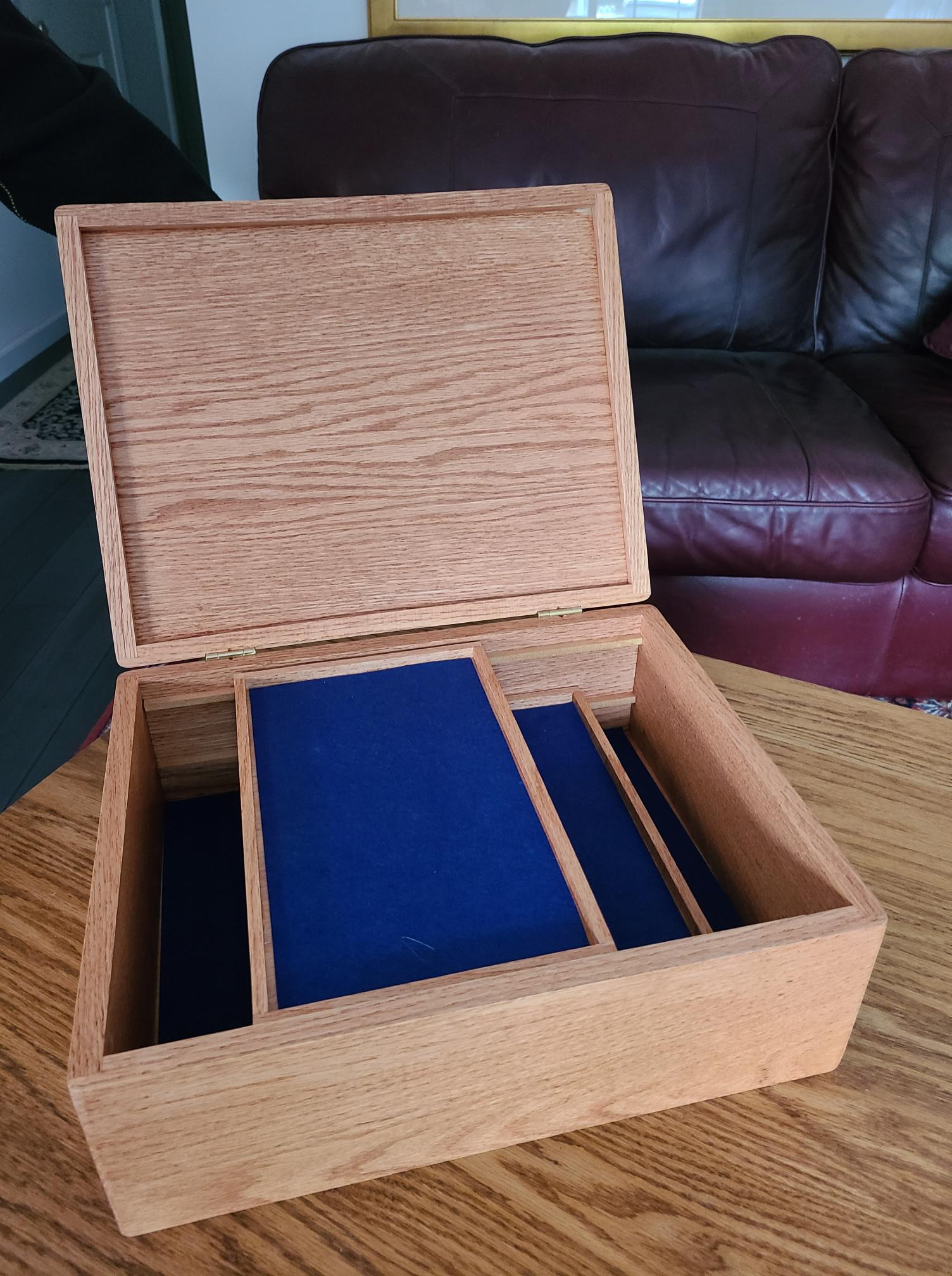 wooden box, blue lining